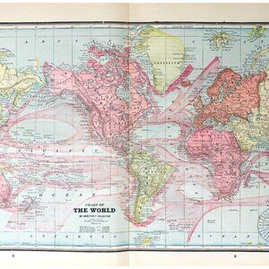 1895 World Map Ocean Currents Mariners Compass Victorian Geography DWYY10D